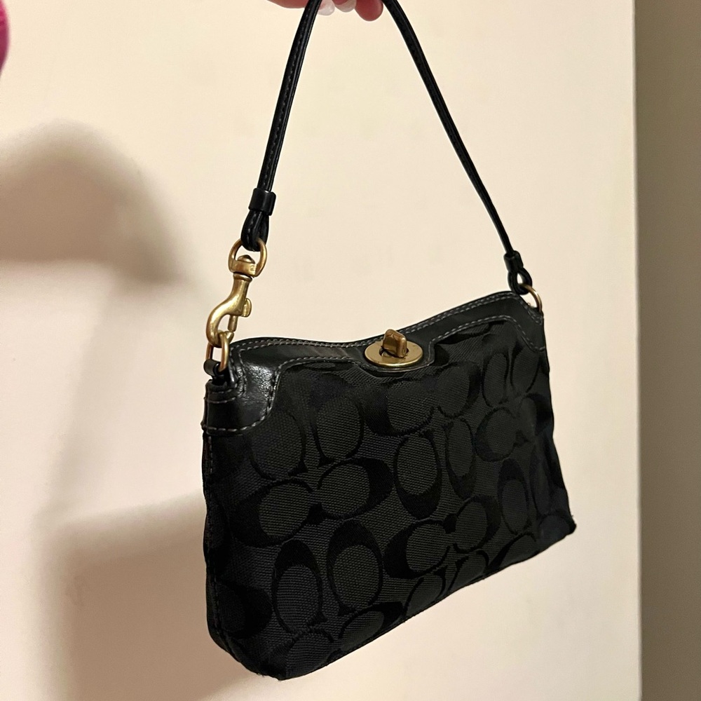 SOLD - Coach Black Signature Print Turnlock Handbag Wristlet Gold Hardware